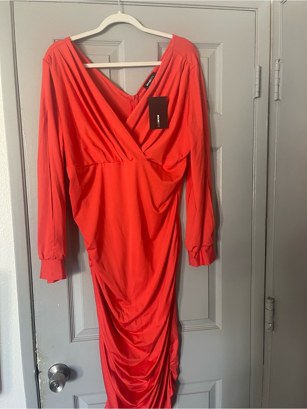 miami Coral Long Sleeve Surplice Ruched Dress